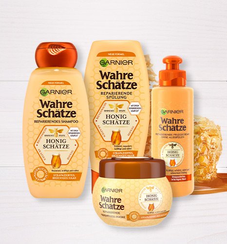 Collage mit den Produkten der Wahre Schätze Honig Schätze Produktreihe von Garnier